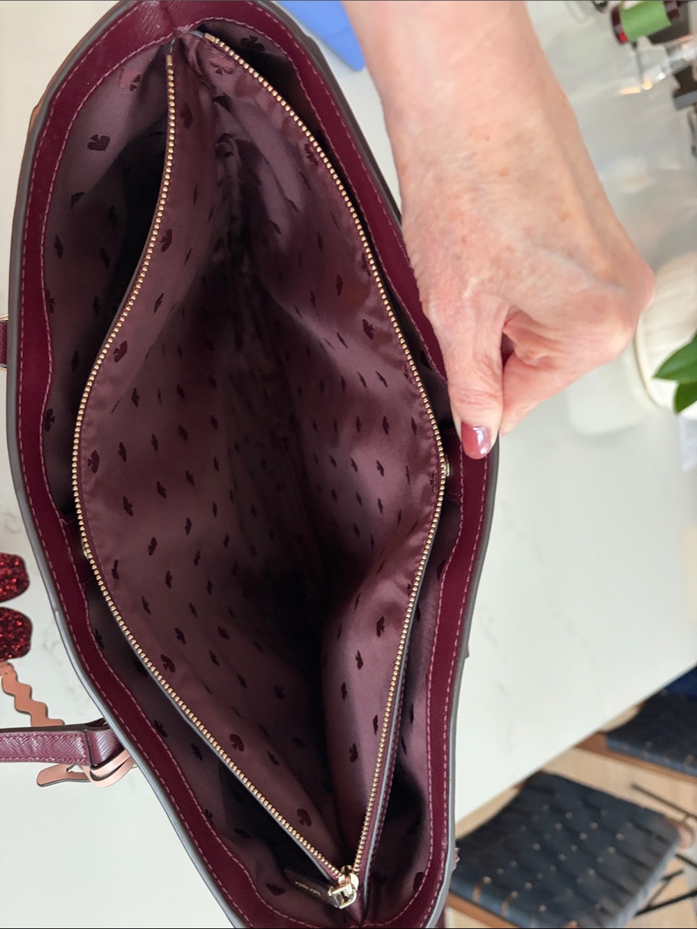 kate spade Burgundy Saffiano Leather Tote with Floral Charm - Picture 7 of 11